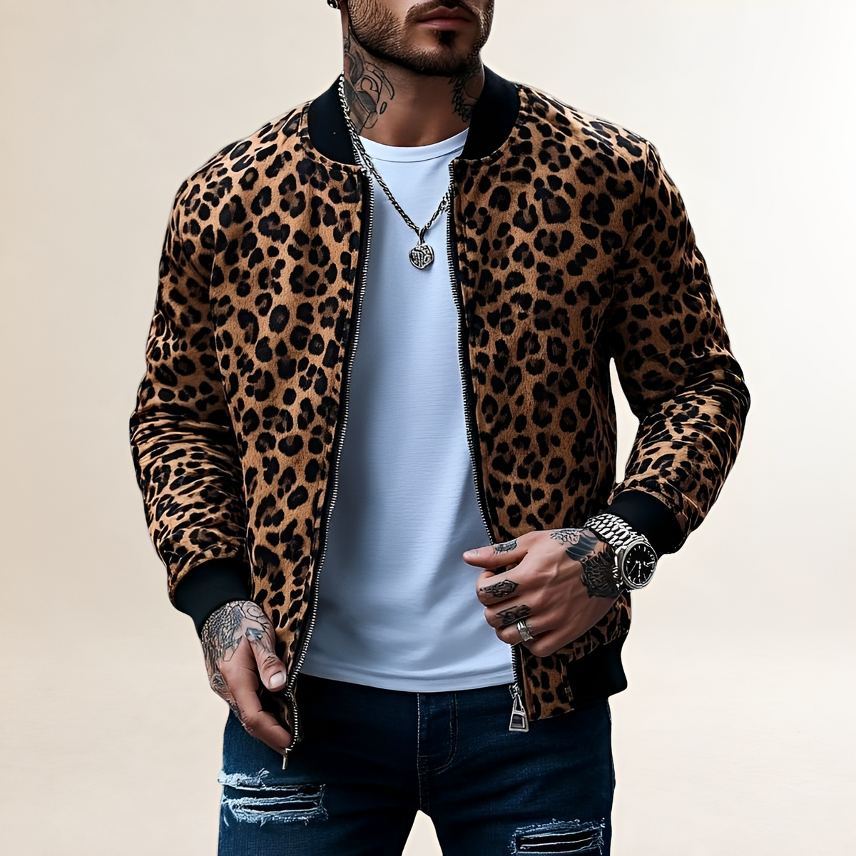 Men's Bomber Jacket Leopard Print Regular Fit Zip Closure