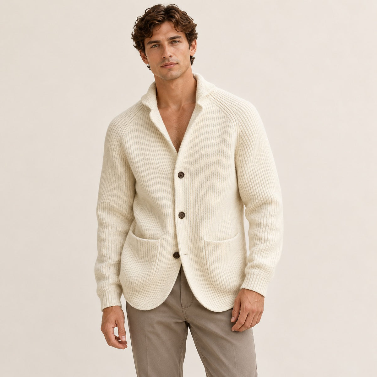 Men's Button-Front Cardigan, Shawl Collar, Raglan Sleeves, Patch Pockets, Tailored Fit