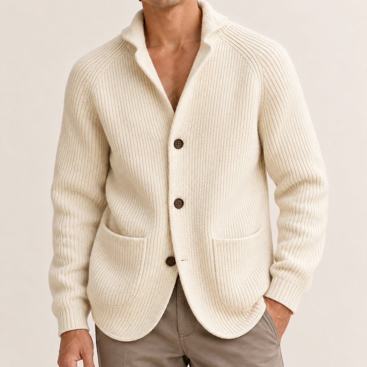 Men's Button-Front Cardigan, Shawl Collar, Raglan Sleeves, Patch Pockets, Tailored Fit