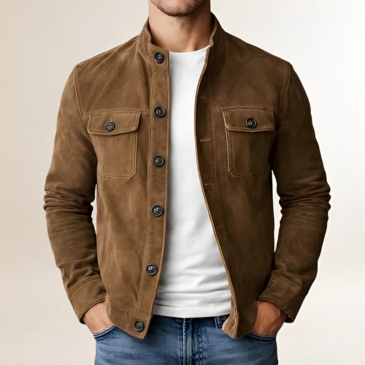 Men's Button-Front Military-Style Jacket with Stand Collar and Chest Flap Pockets, Tailored Fit
