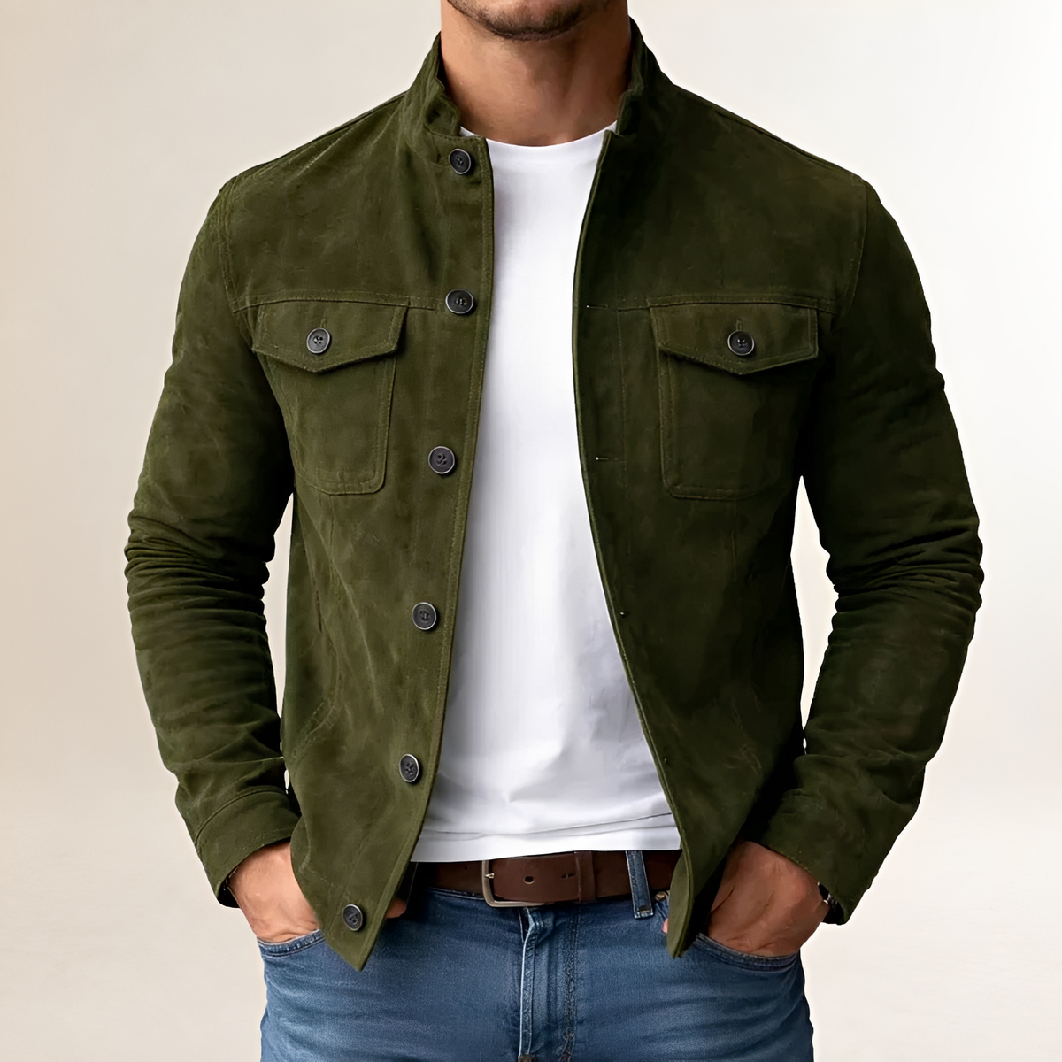 Men's Button-Front Military-Style Jacket with Stand Collar and Chest Flap Pockets, Tailored Fit