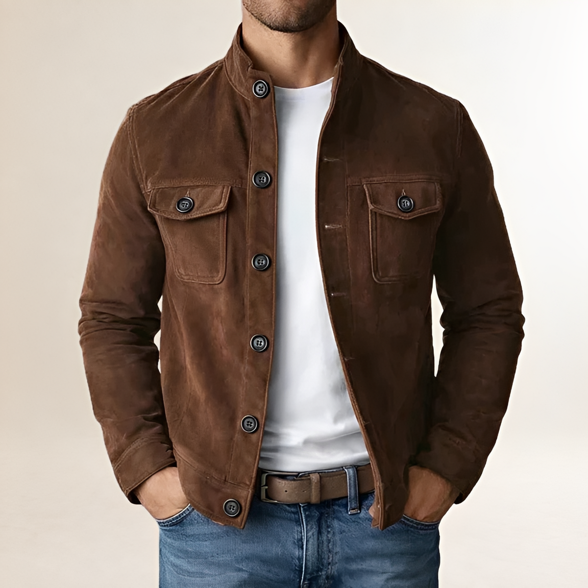 Men's Button-Front Military-Style Jacket with Stand Collar and Chest Flap Pockets, Tailored Fit