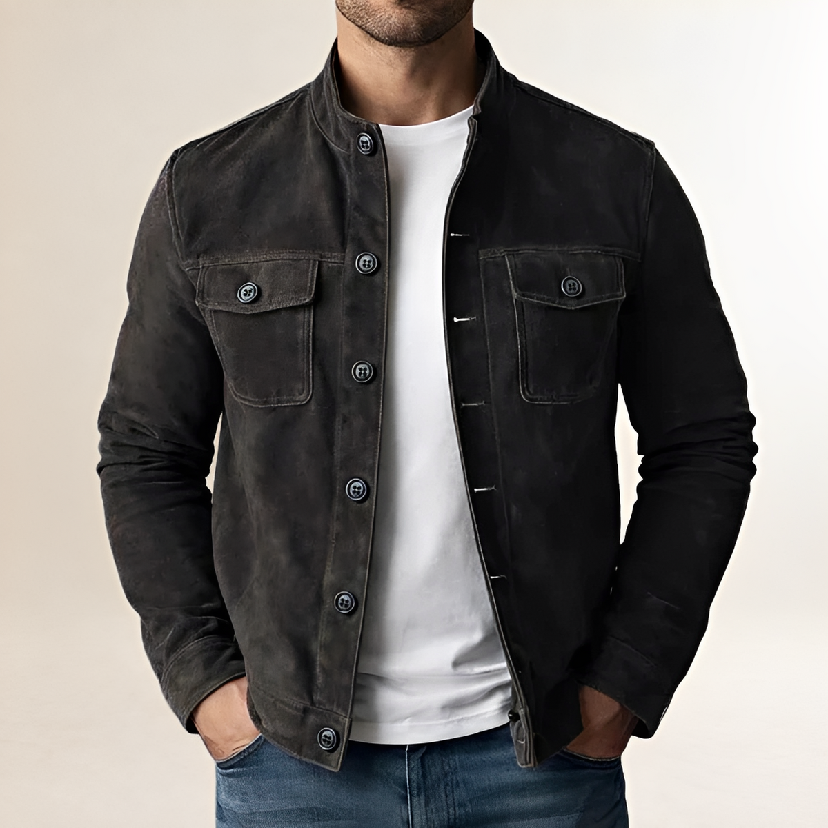 Men's Button-Front Military-Style Jacket with Stand Collar and Chest Flap Pockets, Tailored Fit