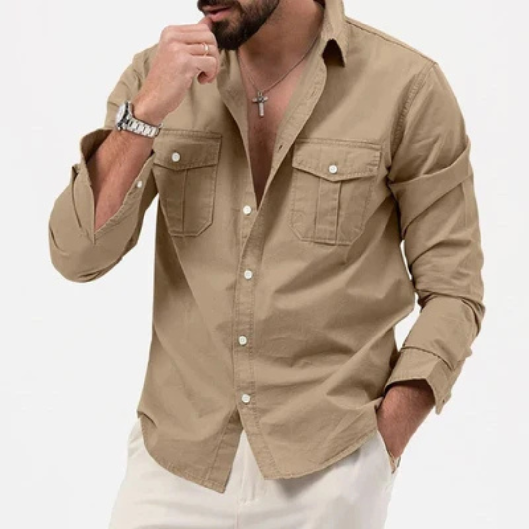 Men's Button-Up Shirt Wrinkle-Resistant Long Sleeve with Dual Flap Chest Pockets, Regular Fit