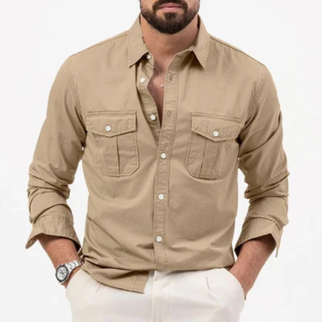 Men's Button-Up Shirt Wrinkle-Resistant Long Sleeve with Dual Flap Chest Pockets, Regular Fit
