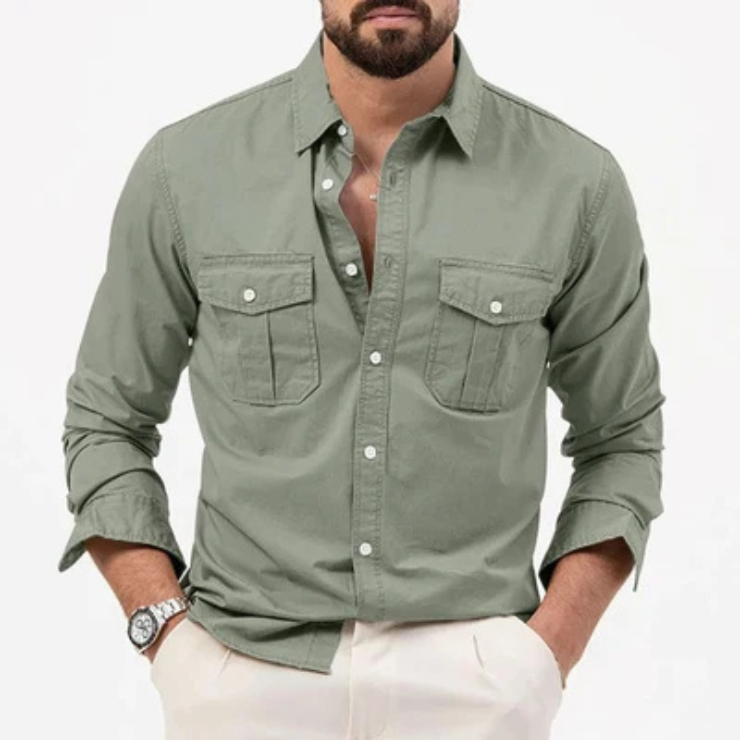 Men's Button-Up Shirt Wrinkle-Resistant Long Sleeve with Dual Flap Chest Pockets, Regular Fit