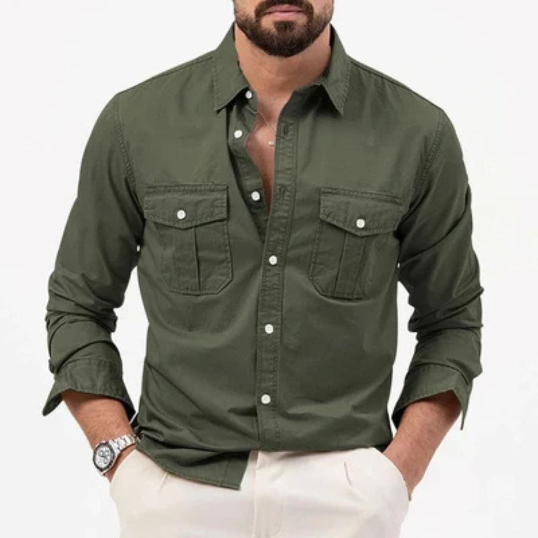 Men's Button-Up Shirt Wrinkle-Resistant Long Sleeve with Dual Flap Chest Pockets, Regular Fit
