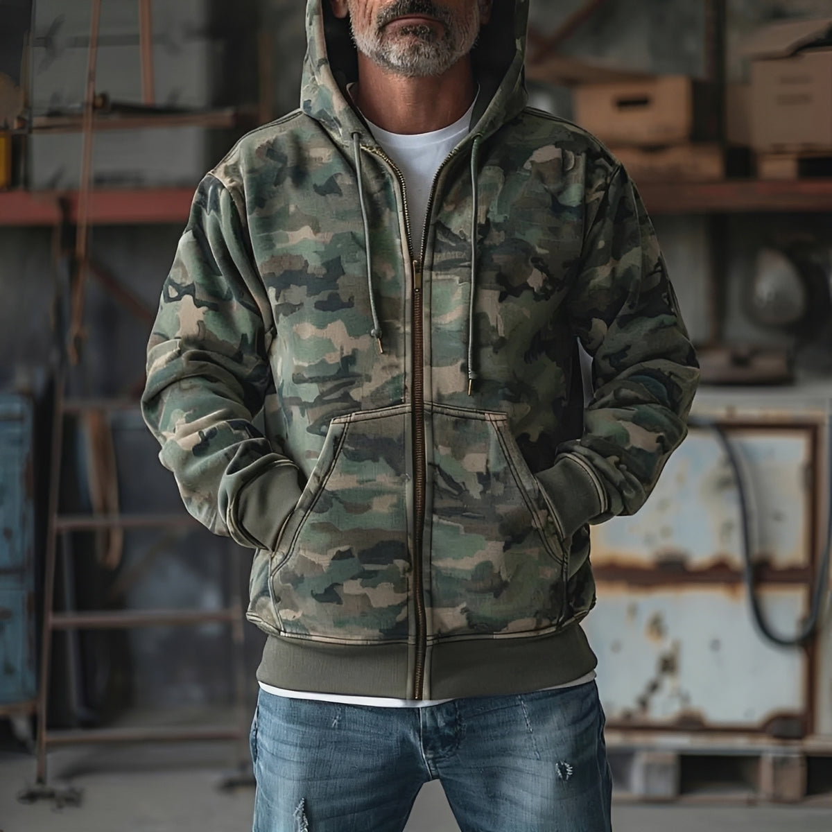 Men's Camouflage Print Hooded Sweatshirt Jacket - Relaxed Fit with Full-Zip Closure