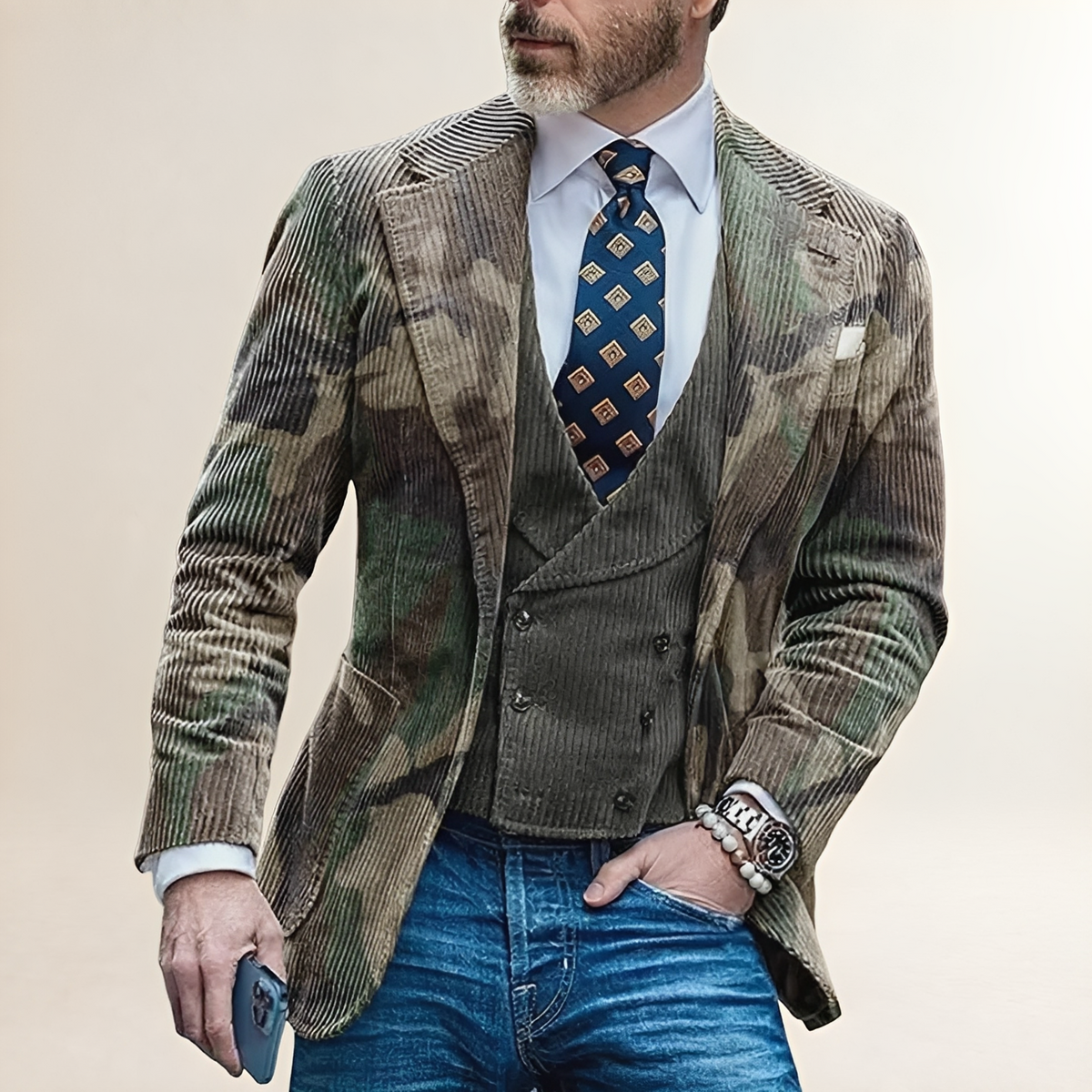 Men's Camouflage Single Breasted Blazer - Tailored Fit, Button Closure