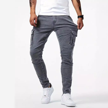 Men's cargo jeans slim tapered fit with thigh flap pockets, knee panels, stretch