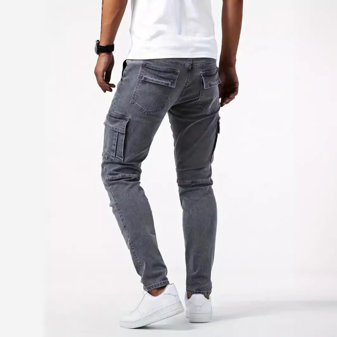 Men's cargo jeans slim tapered fit with thigh flap pockets, knee panels, stretch