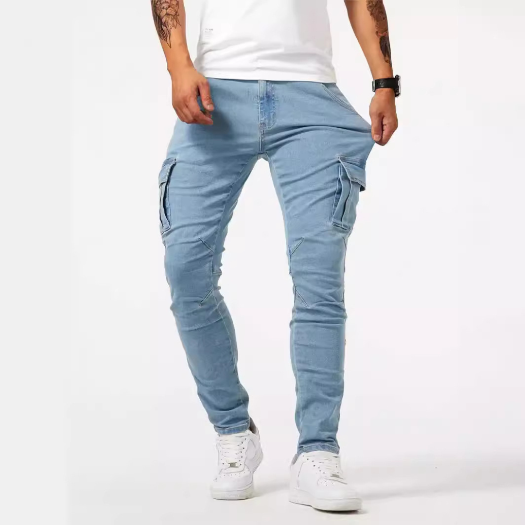 Men's cargo jeans slim tapered fit with thigh flap pockets, knee panels, stretch