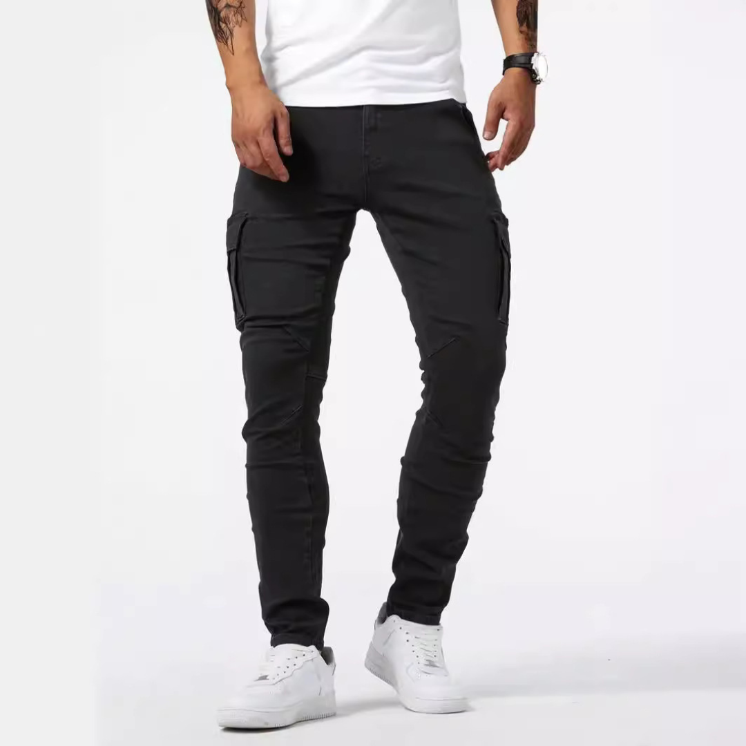Men's cargo jeans slim tapered fit with thigh flap pockets, knee panels, stretch