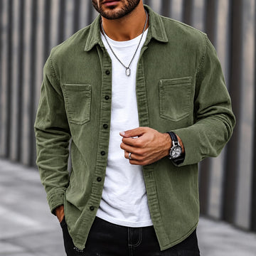 Men's Cord Jacket - Button Closure, Classic Collar, Two Chest Pockets