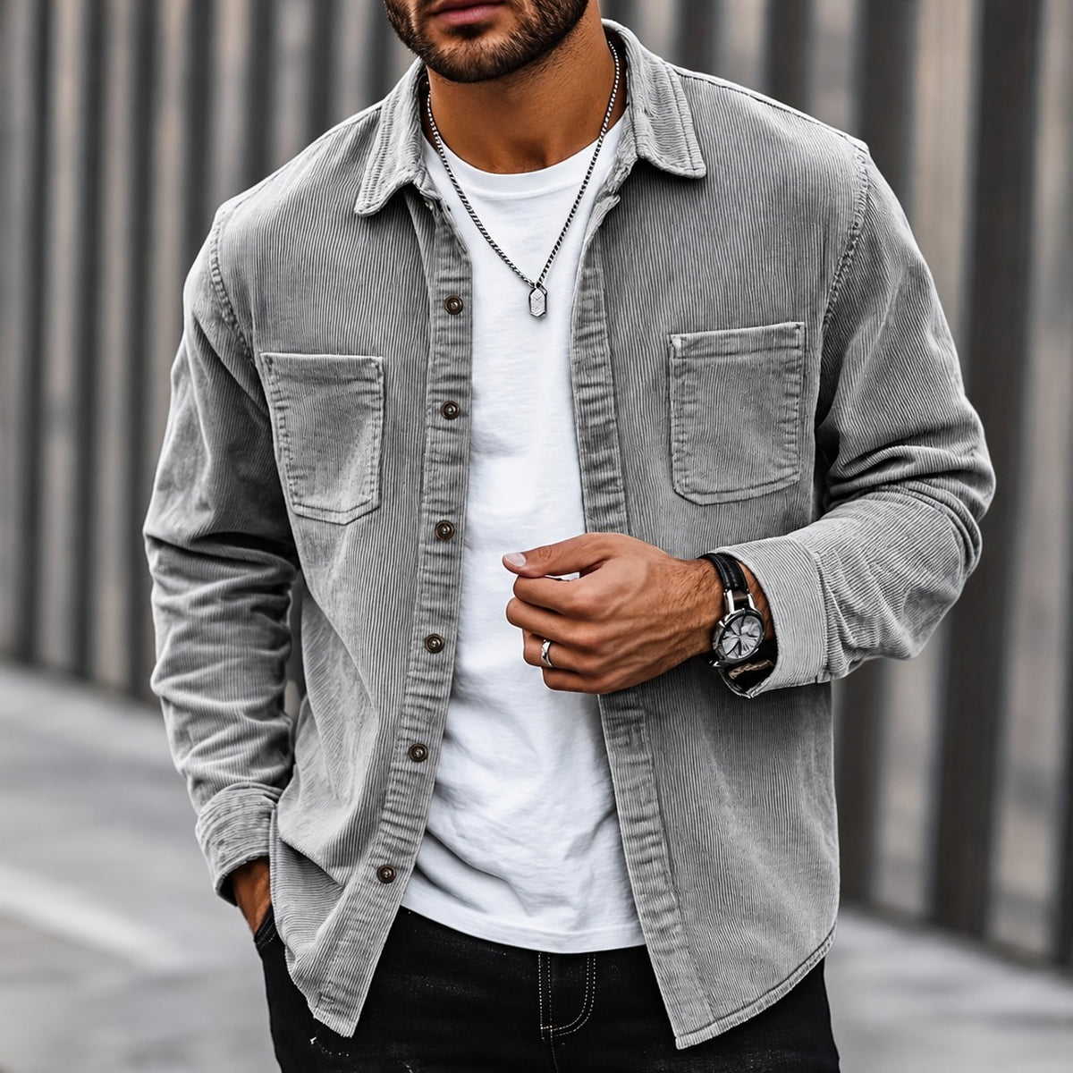 Men's Cord Jacket - Button Closure, Classic Collar, Two Chest Pockets