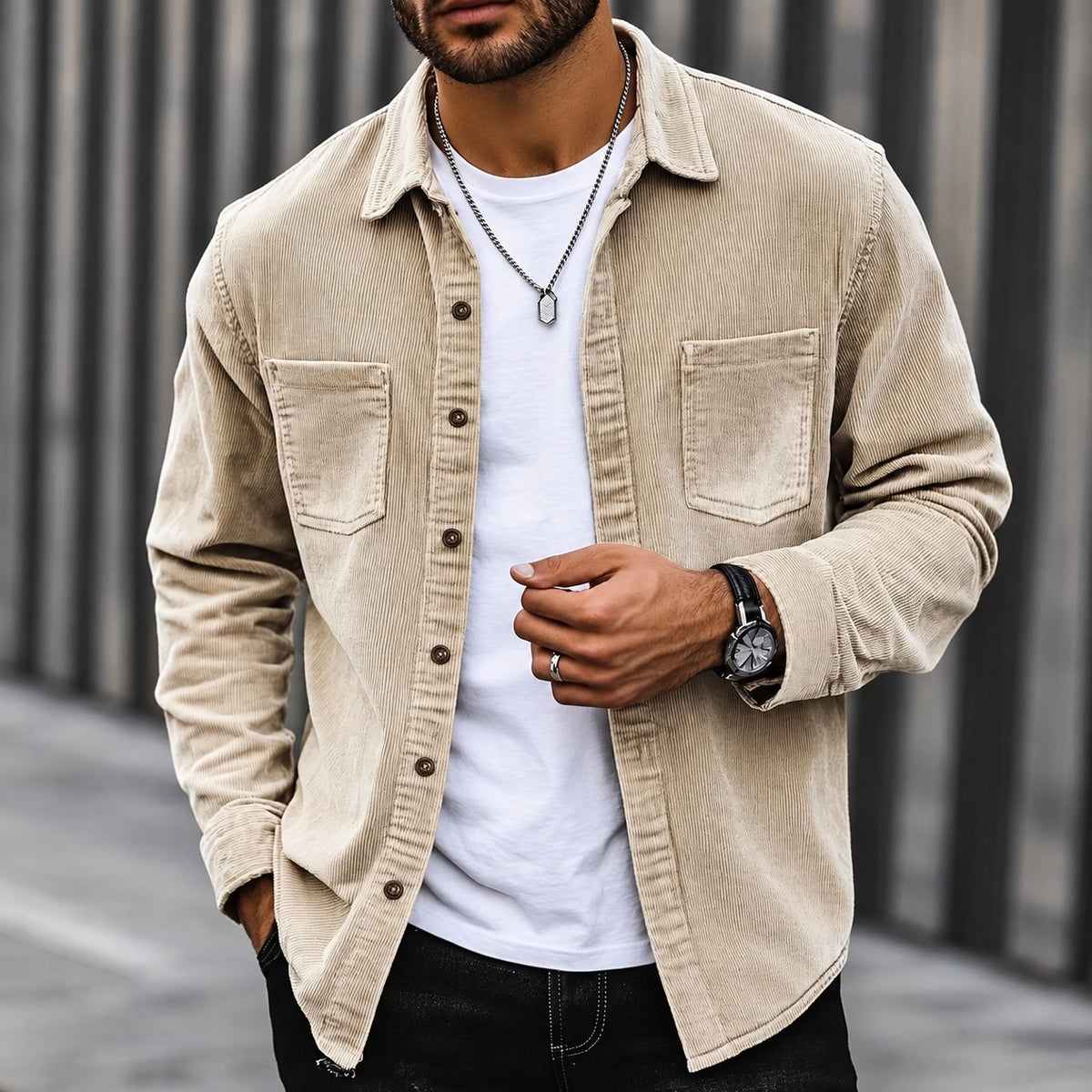 Men's Cord Jacket - Button Closure, Classic Collar, Two Chest Pockets