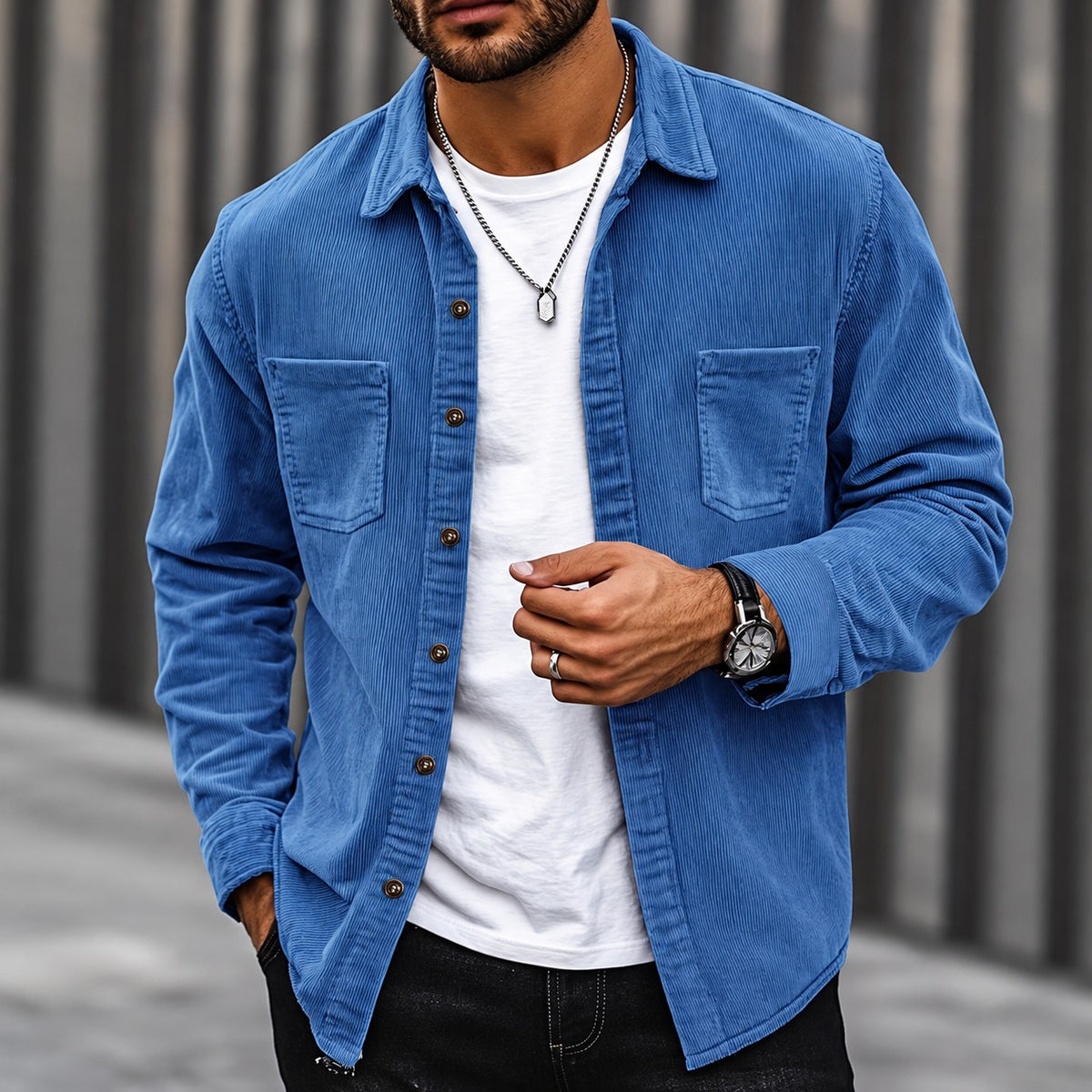 Men's Cord Jacket - Button Closure, Classic Collar, Two Chest Pockets