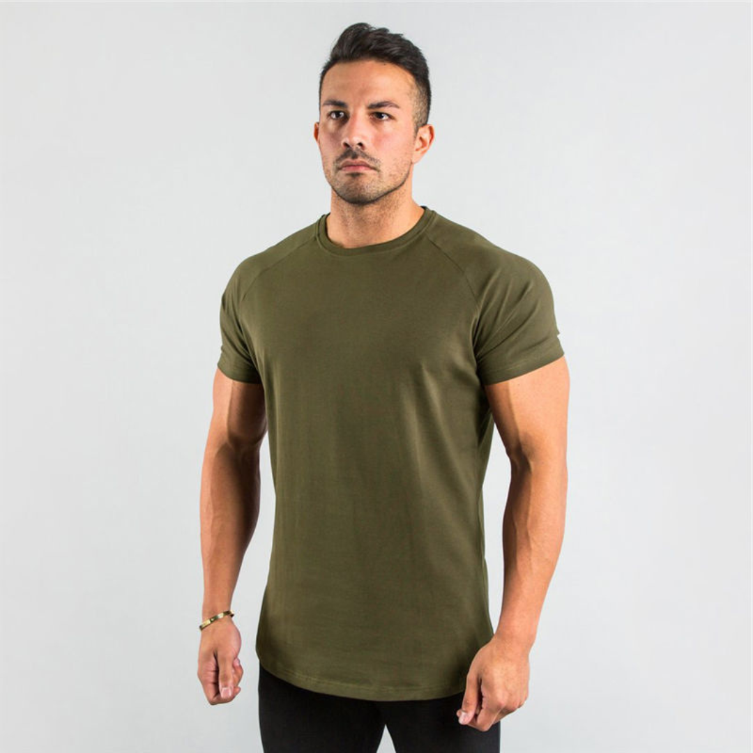 Men's Crew Neck T-Shirt Raglan Short Sleeve - Slim Fit Longline Curved Hem