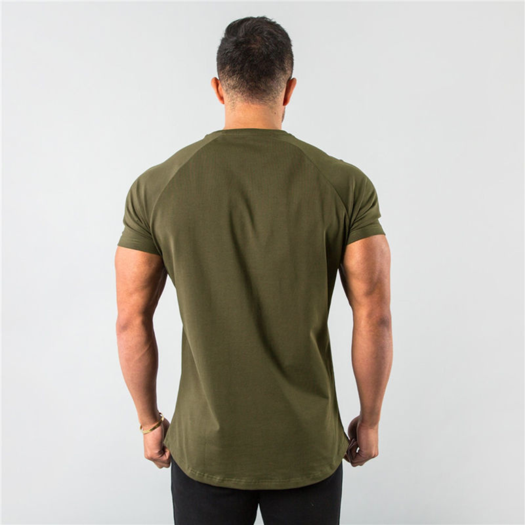 Men's Crew Neck T-Shirt Raglan Short Sleeve - Slim Fit Longline Curved Hem