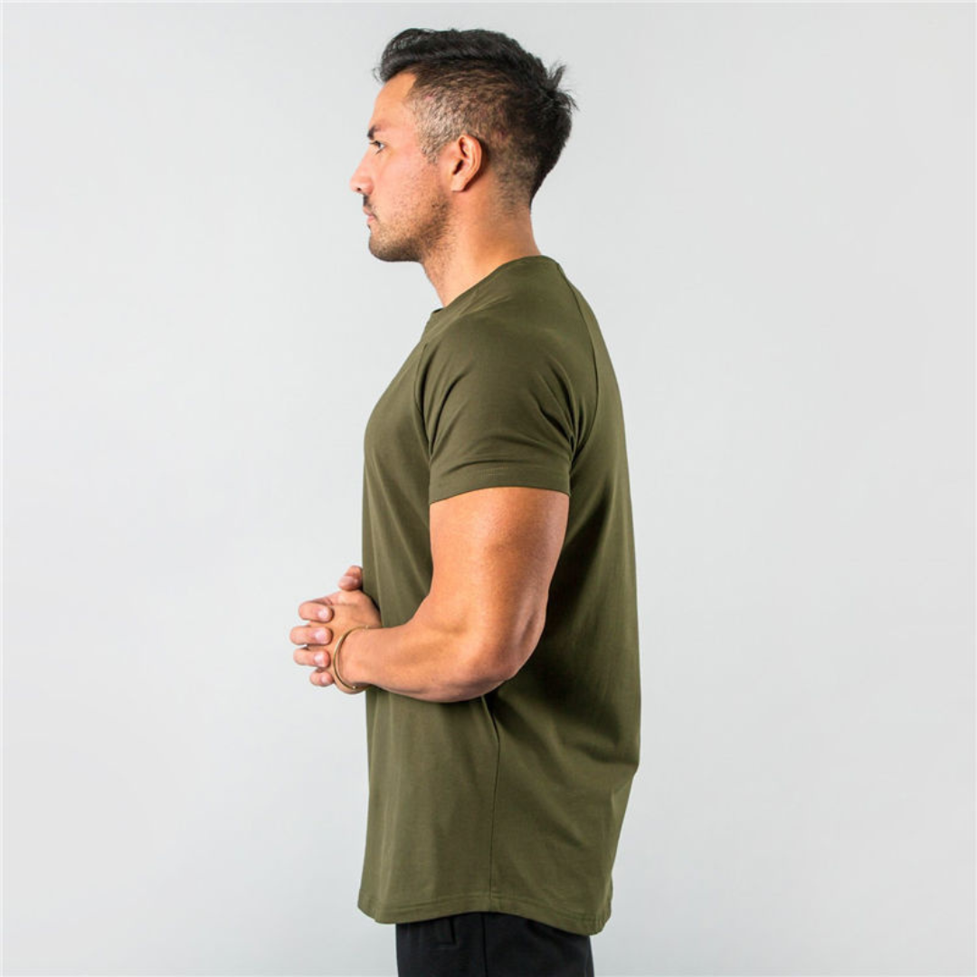 Men's Crew Neck T-Shirt Raglan Short Sleeve - Slim Fit Longline Curved Hem