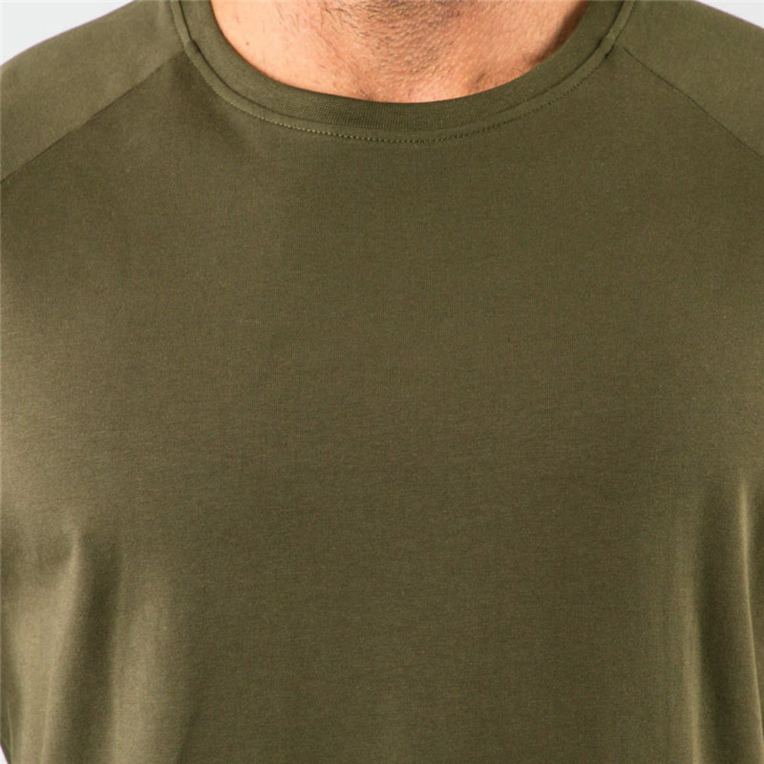 Men's Crew Neck T-Shirt Raglan Short Sleeve - Slim Fit Longline Curved Hem