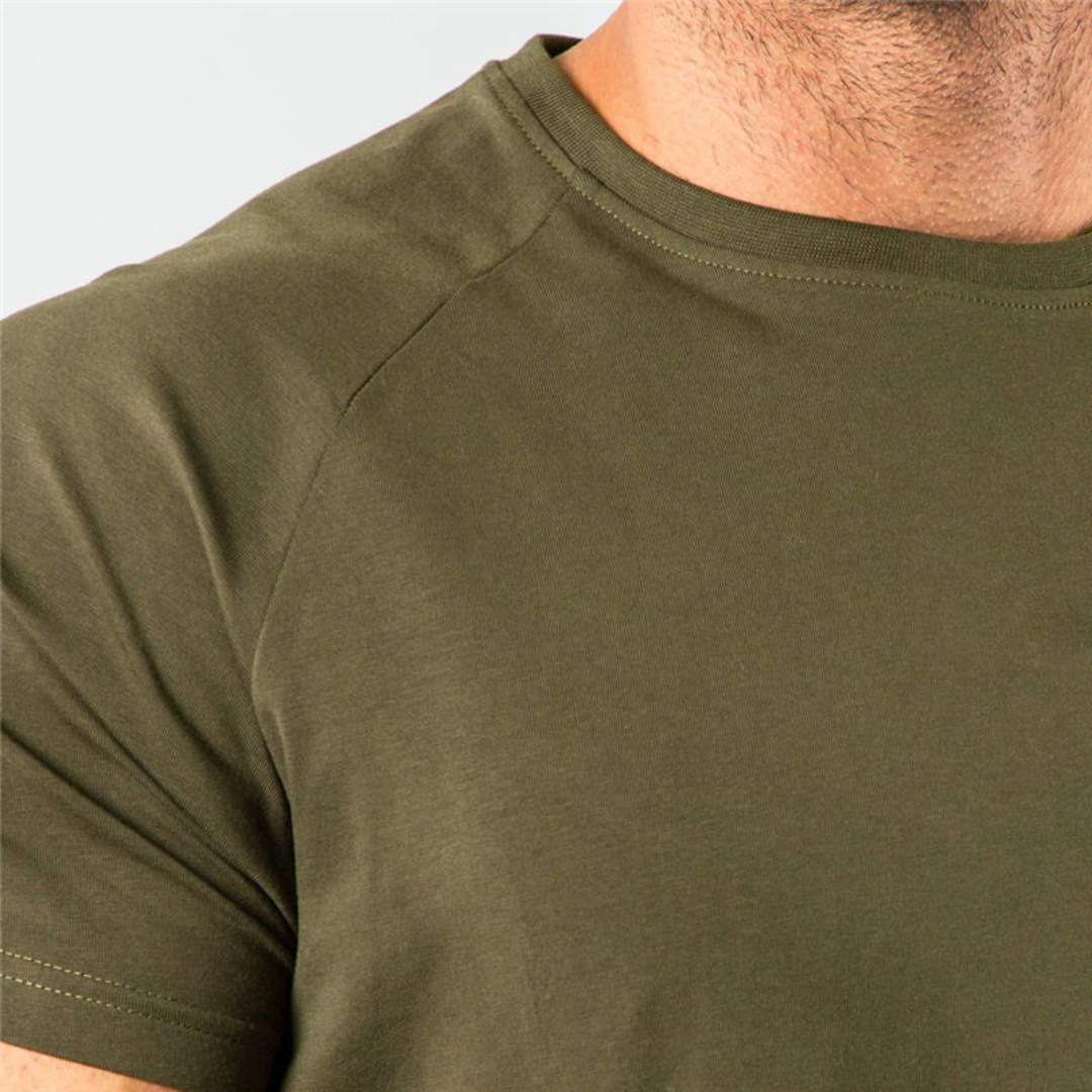 Men's Crew Neck T-Shirt Raglan Short Sleeve - Slim Fit Longline Curved Hem
