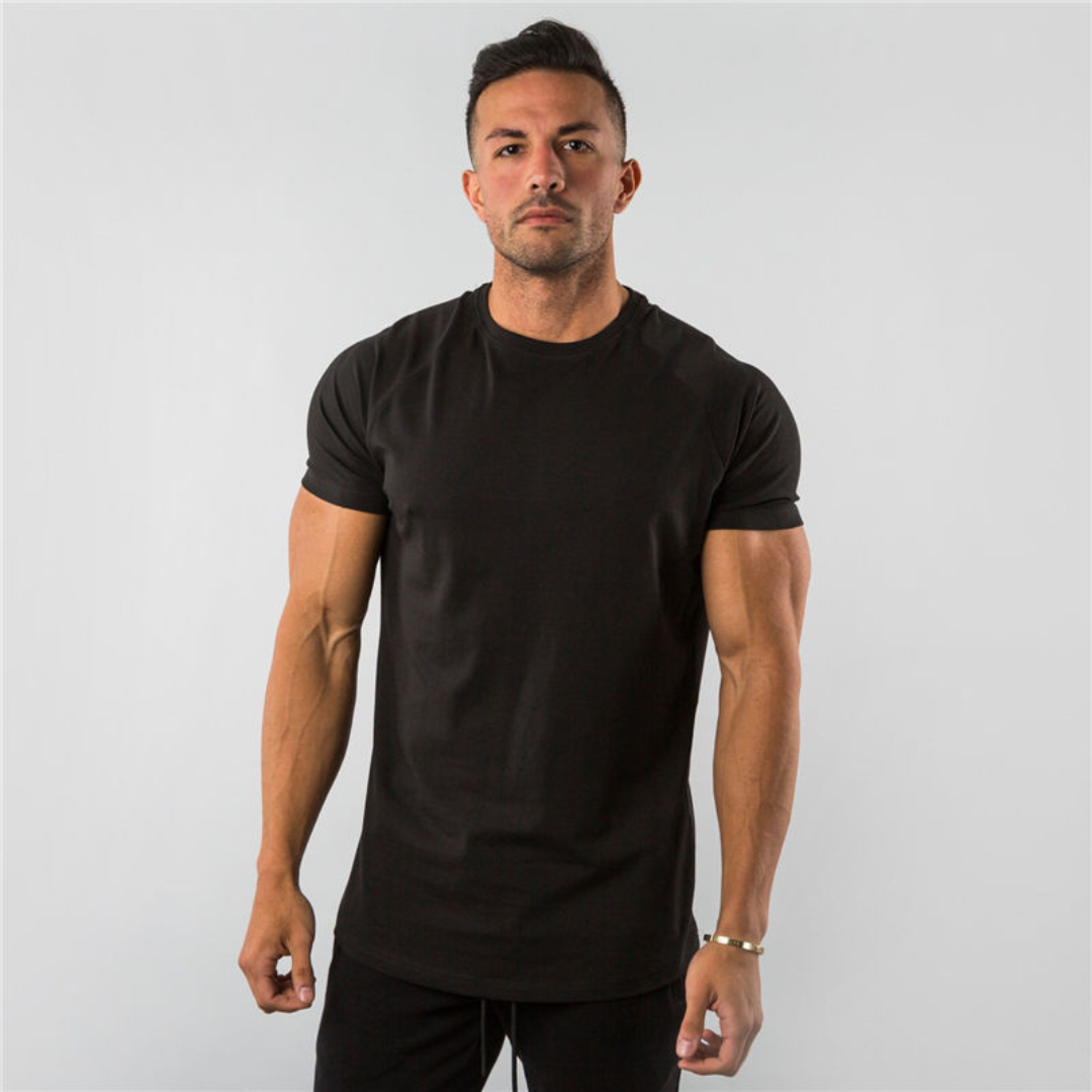 Men's Crew Neck T-Shirt Raglan Short Sleeve - Slim Fit Longline Curved Hem