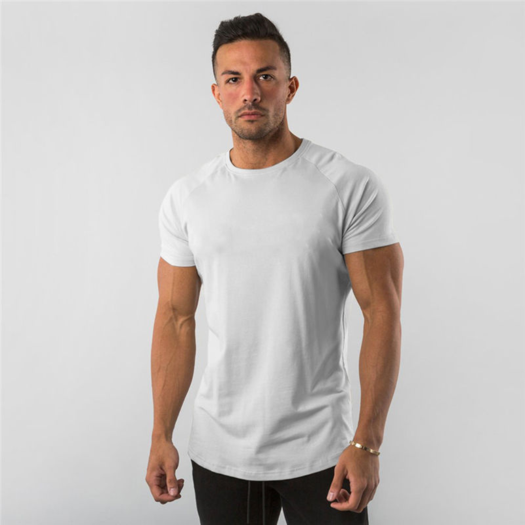 Men's Crew Neck T-Shirt Raglan Short Sleeve - Slim Fit Longline Curved Hem