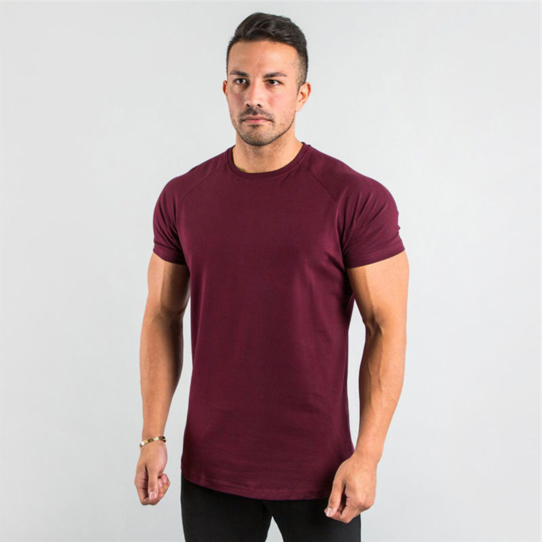 Men's Crew Neck T-Shirt Raglan Short Sleeve - Slim Fit Longline Curved Hem