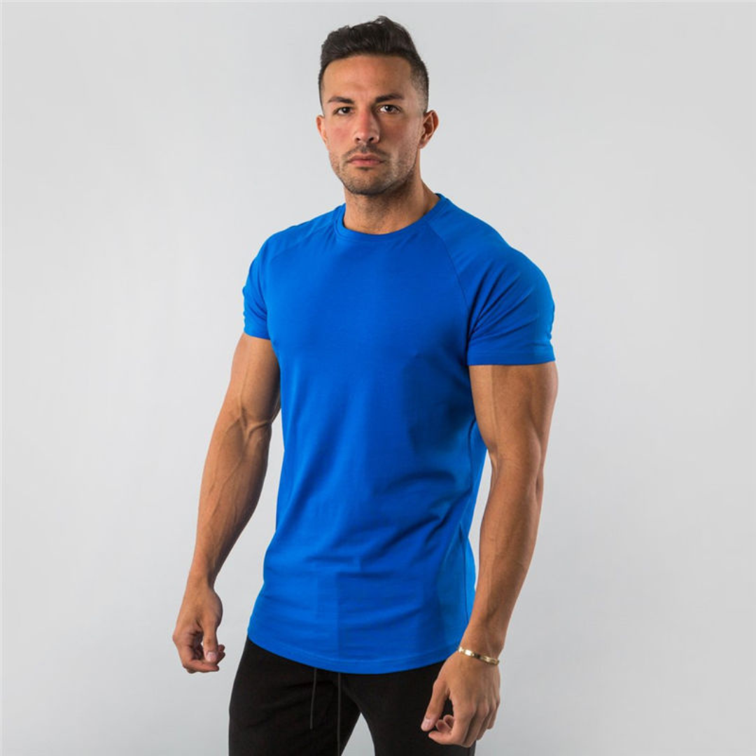 Men's Crew Neck T-Shirt Raglan Short Sleeve - Slim Fit Longline Curved Hem