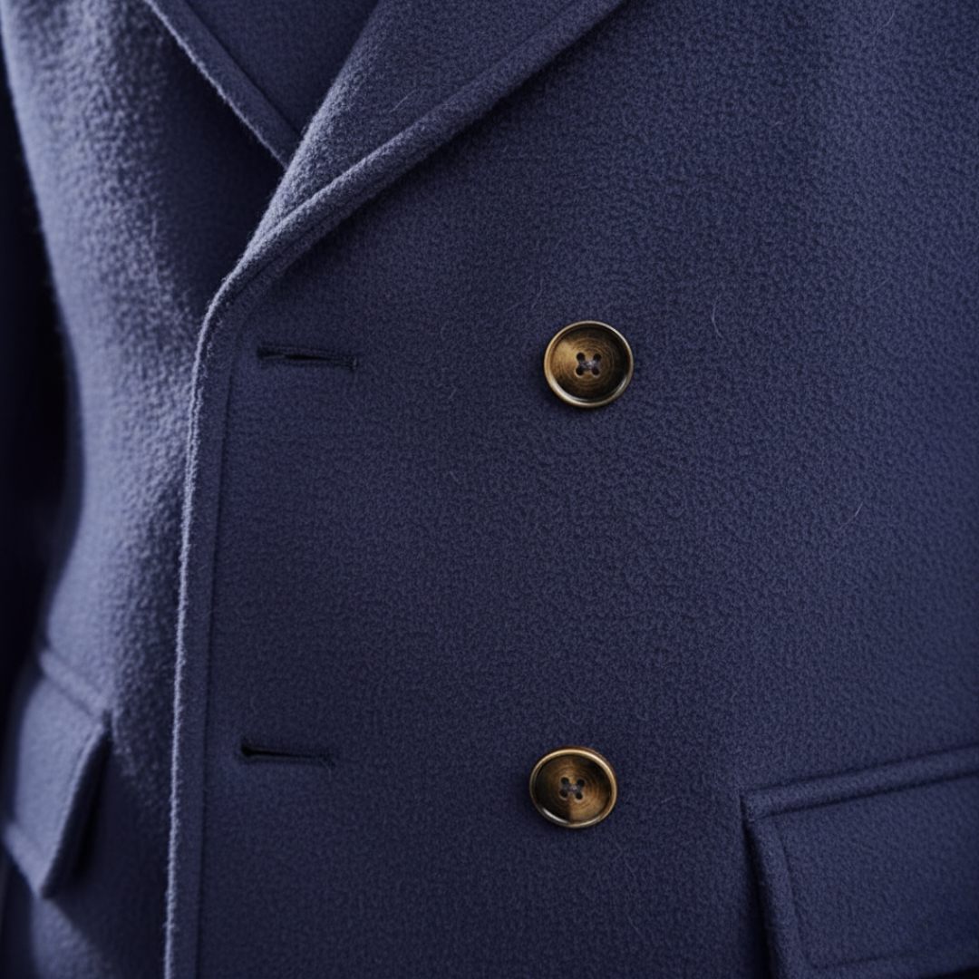 Men's double-breasted coat with notched lapels, long tailored fit, button-cuff straps