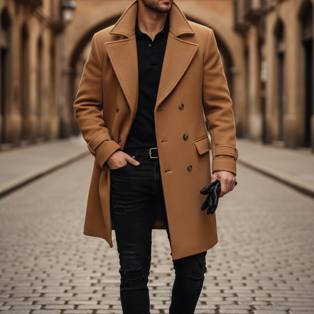 Men's double-breasted coat with notched lapels, long tailored fit, button-cuff straps