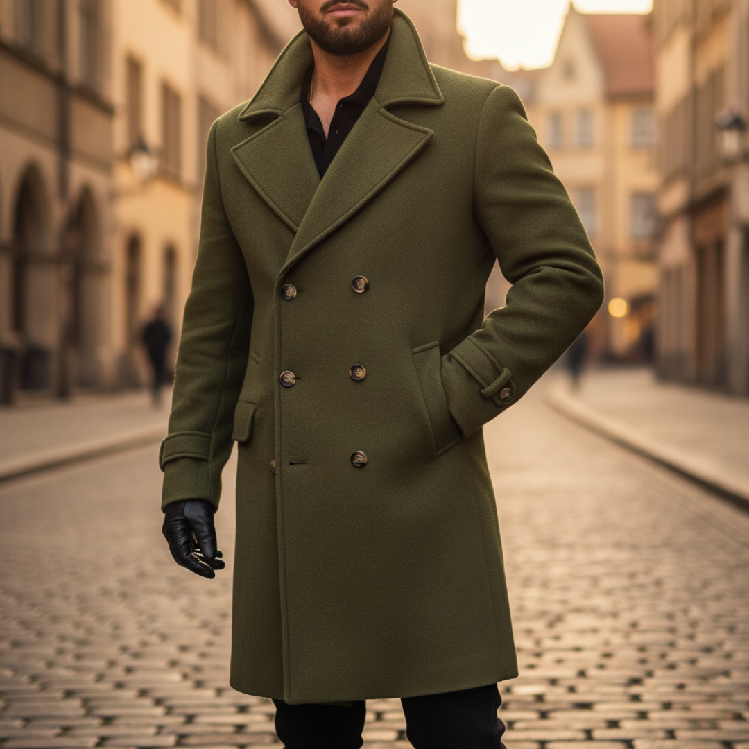 Men's double-breasted coat with notched lapels, long tailored fit, button-cuff straps