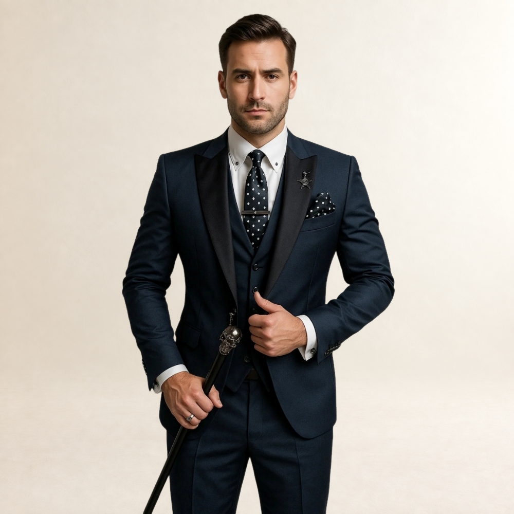 Men's Formal Three-Piece Suit - Slim Fit with Peak Lapels and Waistcoat