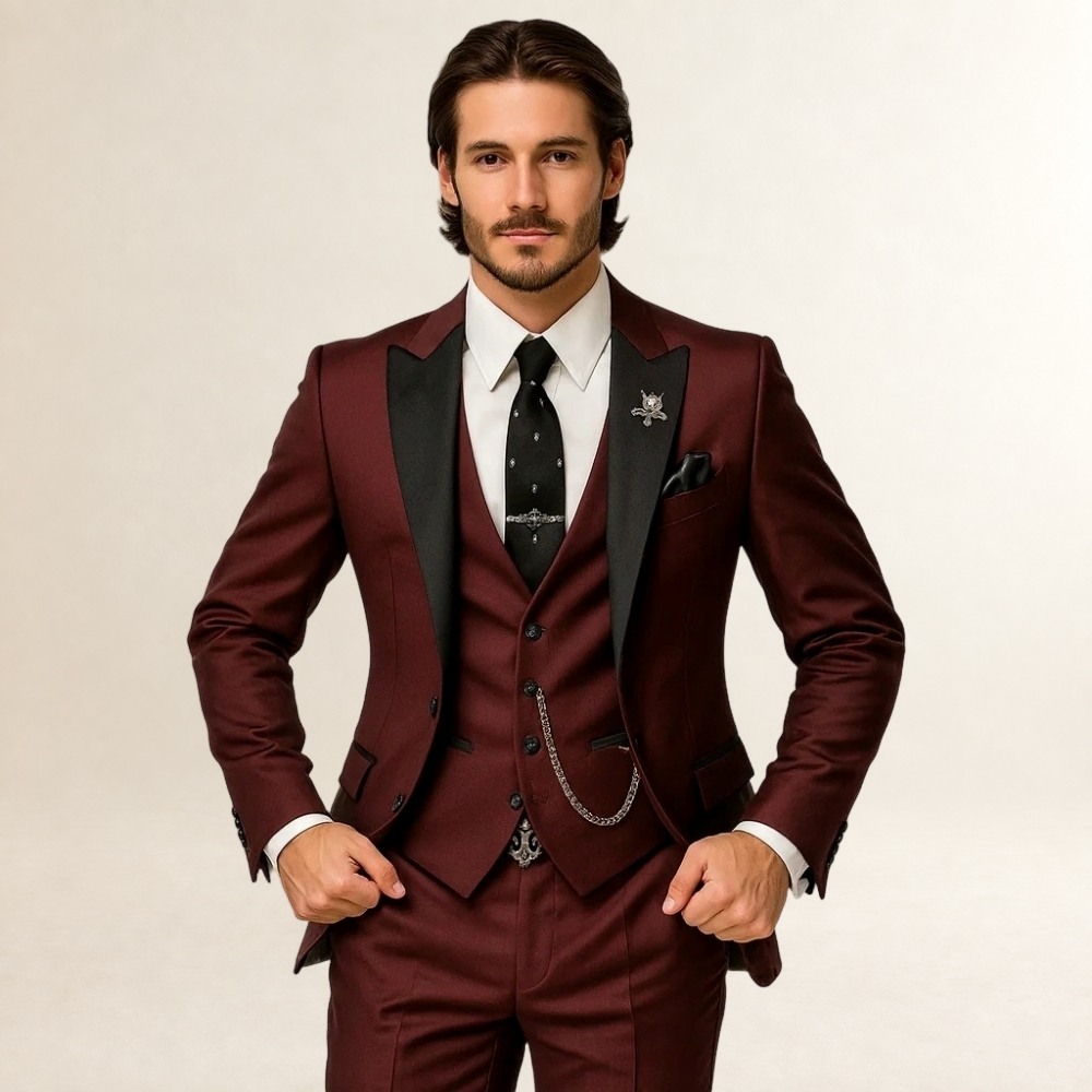 Men's Formal Three-Piece Suit - Slim Fit with Peak Lapels and Waistcoat