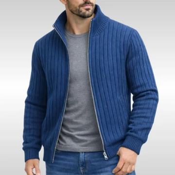 Men's Full-Zip Cardigan Stand Collar Ribbed Texture Slim Fit with Pockets