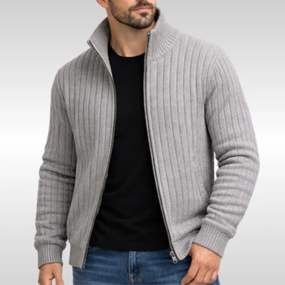Men's Full-Zip Cardigan Stand Collar Ribbed Texture Slim Fit with Pockets
