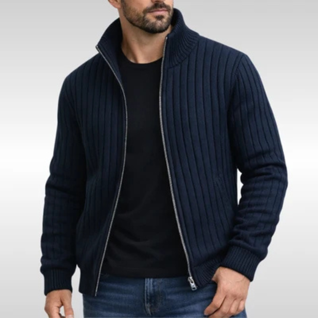 Men's Full-Zip Cardigan Stand Collar Ribbed Texture Slim Fit with Pockets