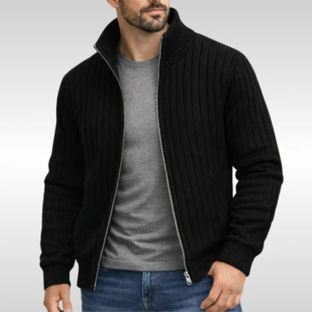 Men's Full-Zip Cardigan Stand Collar Ribbed Texture Slim Fit with Pockets