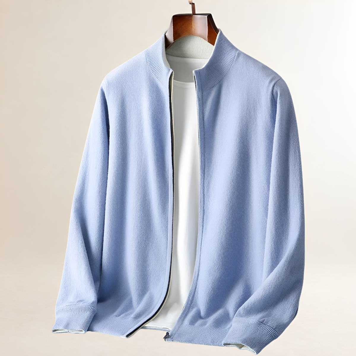 Men's Full-Zip Cardigan with Stand Collar, Ribbed Hem and Cuffs