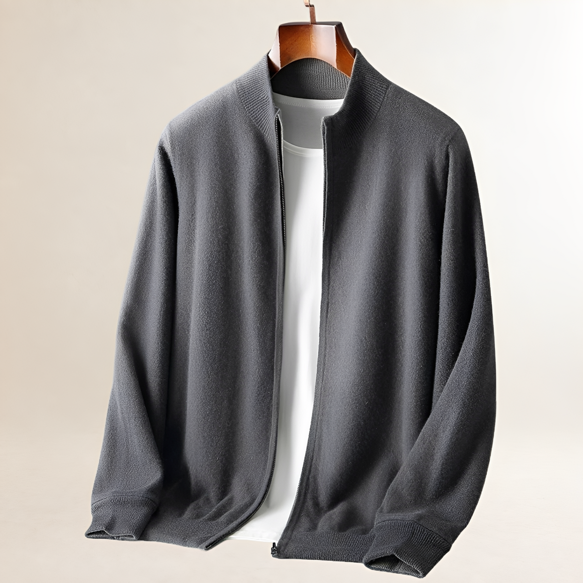 Men's Full-Zip Cardigan with Stand Collar, Ribbed Hem and Cuffs