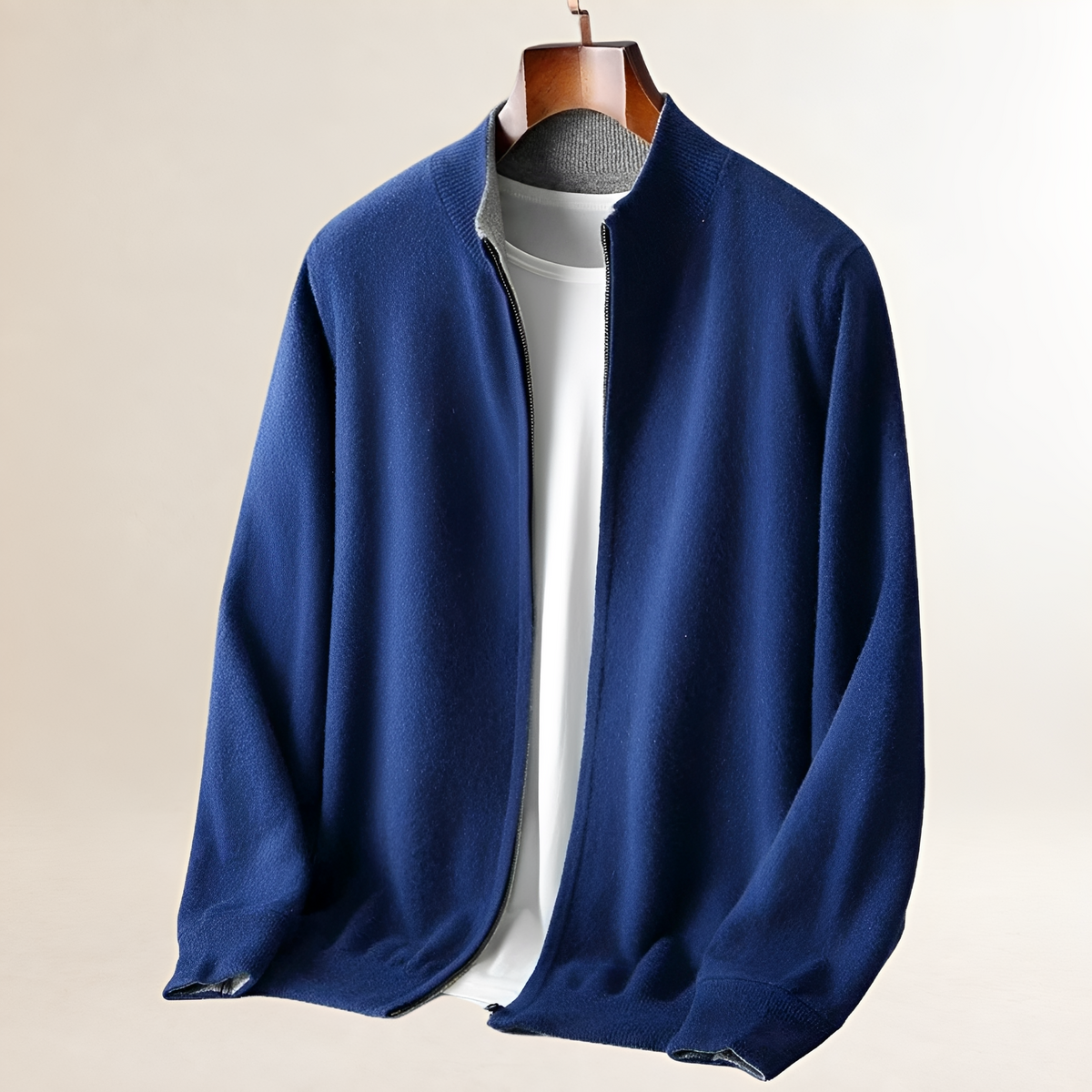Men's Full-Zip Cardigan with Stand Collar, Ribbed Hem and Cuffs