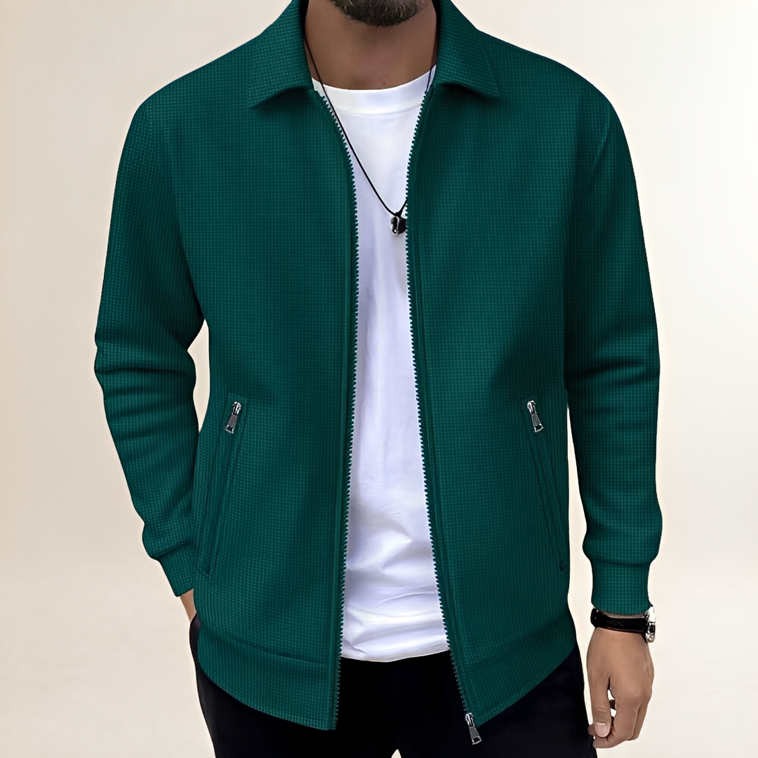 Men's Full-Zip Textured Jacket with Shirt Collar and Zippered Pockets, Athletic Fit