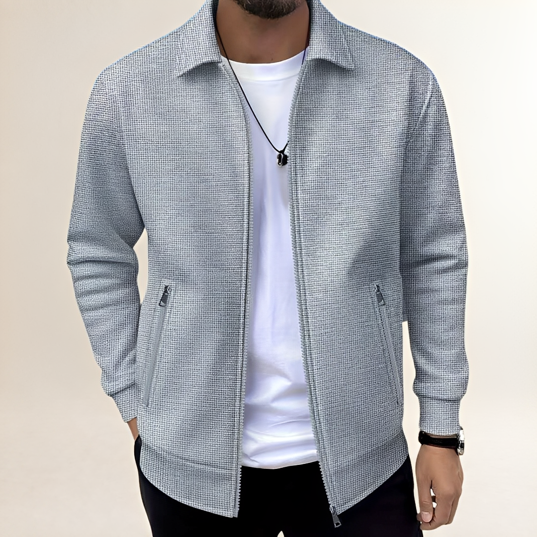 Men's Full-Zip Textured Jacket with Shirt Collar and Zippered Pockets, Athletic Fit