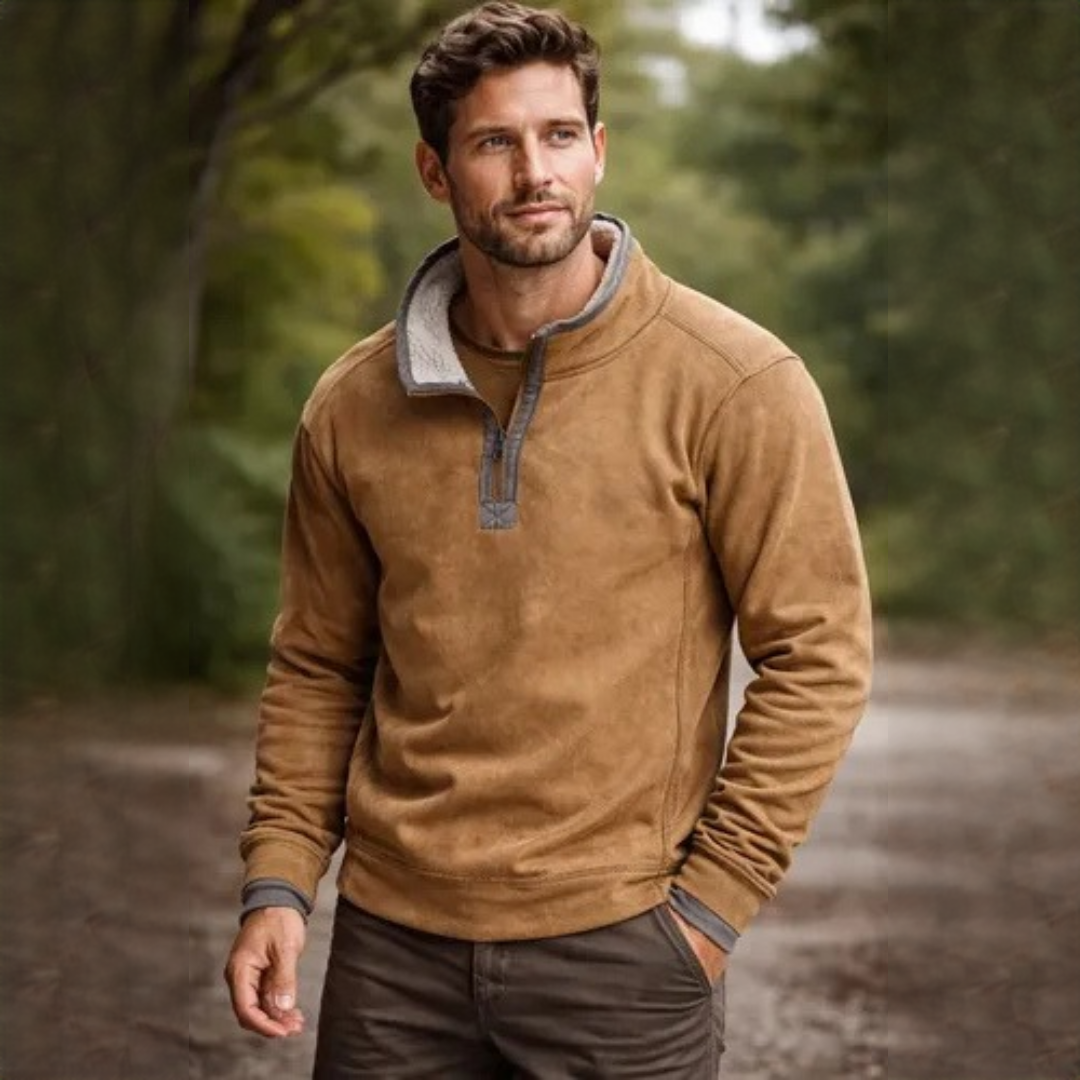 Men's Half-Zip Pullover Sweater with Stand Collar and Contrast Elbow Patches, Relaxed Fit
