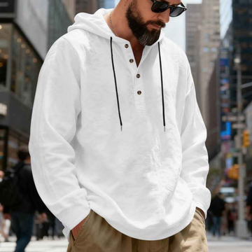 Men's Hooded Henley Shirt with Drawstring and 3-Button Placket, Long Sleeve, Curved Hem, Relaxed Fit