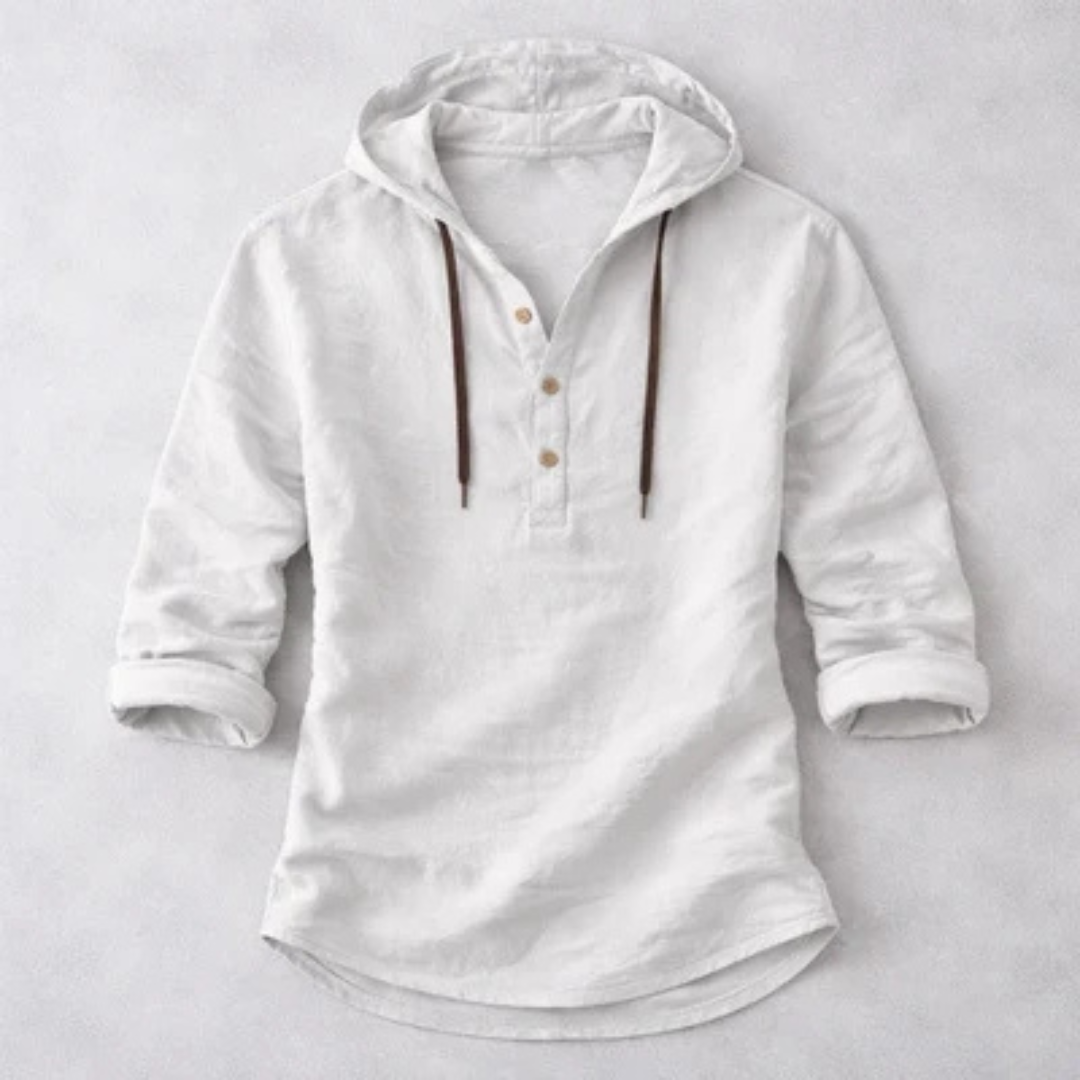 Men's Hooded Henley Shirt with Drawstring and 3-Button Placket, Long Sleeve, Curved Hem, Relaxed Fit
