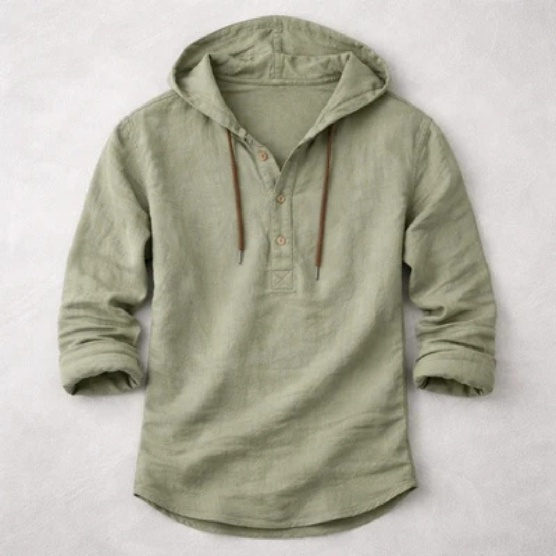 Men's Hooded Henley Shirt with Drawstring and 3-Button Placket, Long Sleeve, Curved Hem, Relaxed Fit