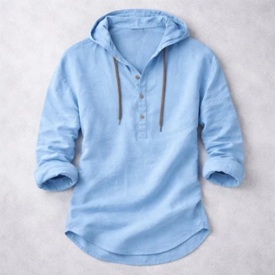 Men's Hooded Henley Shirt with Drawstring and 3-Button Placket, Long Sleeve, Curved Hem, Relaxed Fit