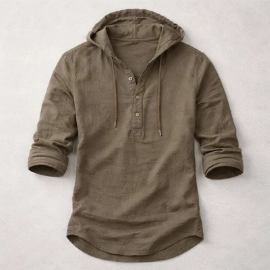 Men's Hooded Henley Shirt with Drawstring and 3-Button Placket, Long Sleeve, Curved Hem, Relaxed Fit